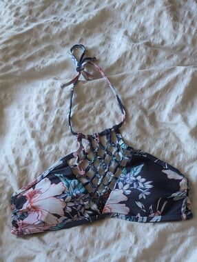 Floral High-Neck Lace-Up Bikini Top - Navy